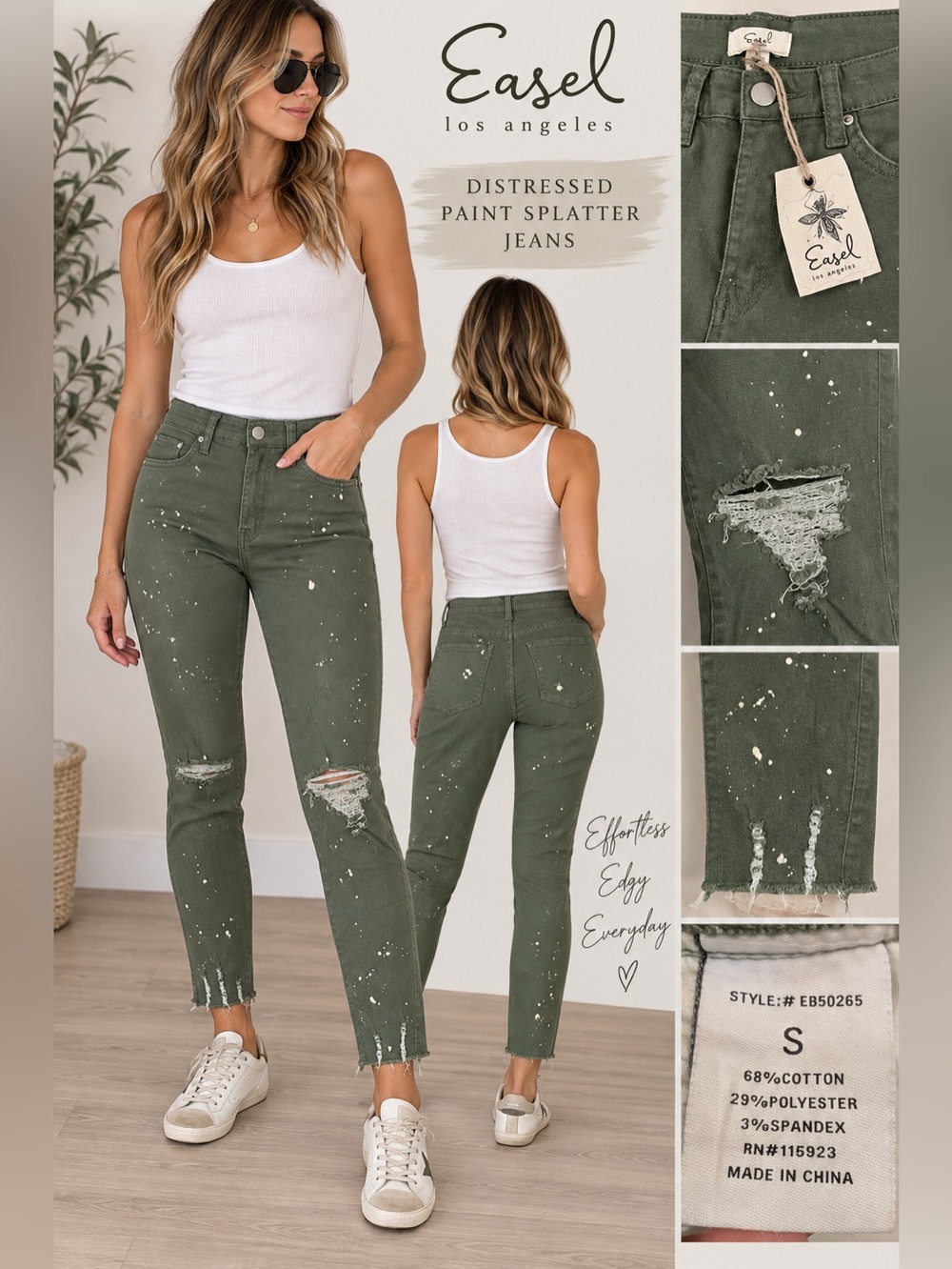 Easel Olive Green Paint Splatter Distressed Skinny Jeans S